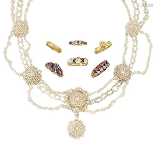 A group of six antique gold rings and an early 19th century seed pearl necklace, rings comprise: a