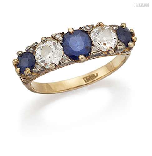 A Victorian diamond and sapphire five stone ring, of half-hoop design, composed of a row of two