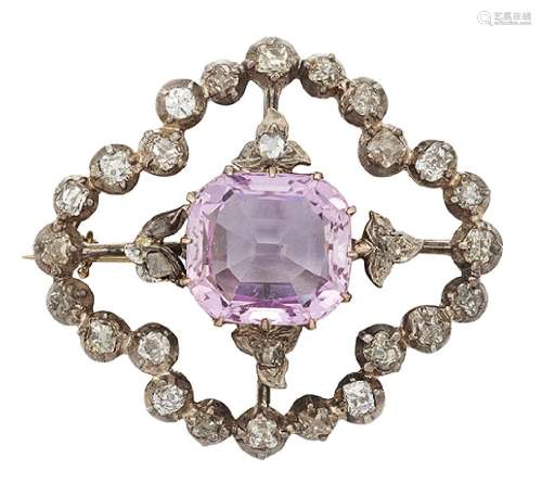 A kunzite and diamond brooch, of old-cut diamond openwork quatrefoil design with central cushion