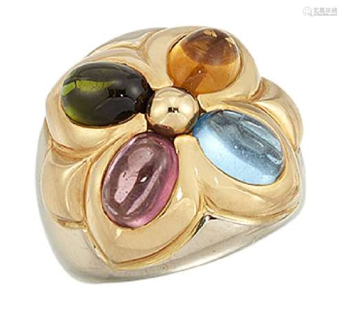 A four-gem ring, by Bulgari, of quatrefoil design, set with oval cabochon pink tourmaline, green