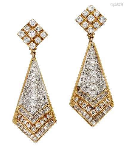 A pair of diamond pendent earrings, the brilliant, baguette and single-cut diamond domed kite shaped