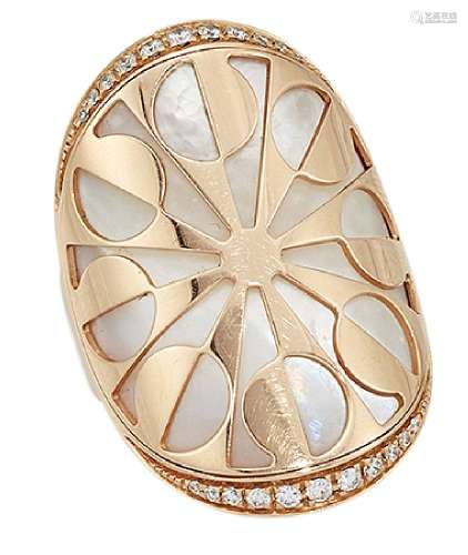 A mother-of-pearl and diamond 'Intarsio' ring, by Bulgari, the oval mother-of-pearl panel beneath an