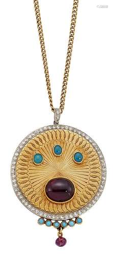 A garnet, diamond and turquoise set pendant necklace, the pendant of circular medallic form with
