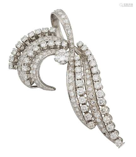 A diamond brooch, of brilliant and single-cut diamond scrolling ribbon design with brilliant-cut