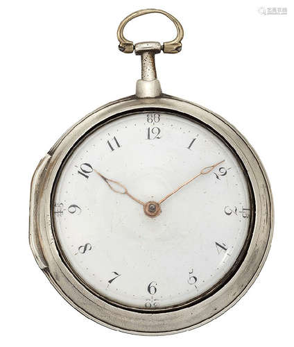 An 18th century silver pair-case pocket watch, the white enamel dial with Arabic numerals, outer