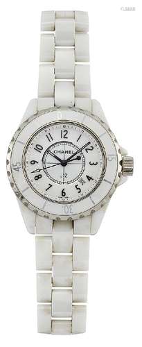 A stainless steel and white ceramic ‘J12’ quartz wristwatch, by Chanel, the circular white dial with