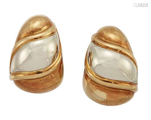 A pair of 18ct two colour gold earclips by Bulgari, of tapered bombe design, signed Bulgari, with