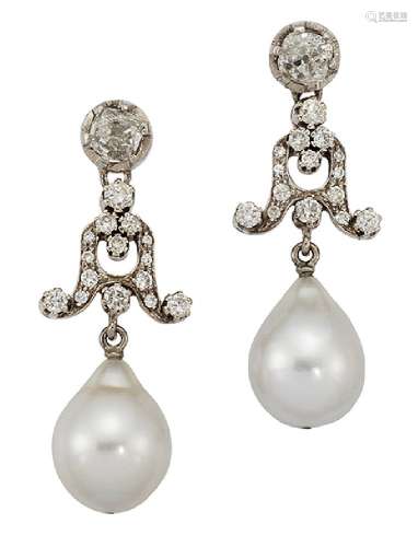A pair of diamond and cultured pearl drop earrings, the teardrop-shaped cultured pearls suspended