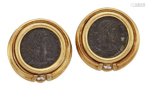 A pair of 18ct gold, diamond and bronze coin earclips by Bulgari, each composed of a single