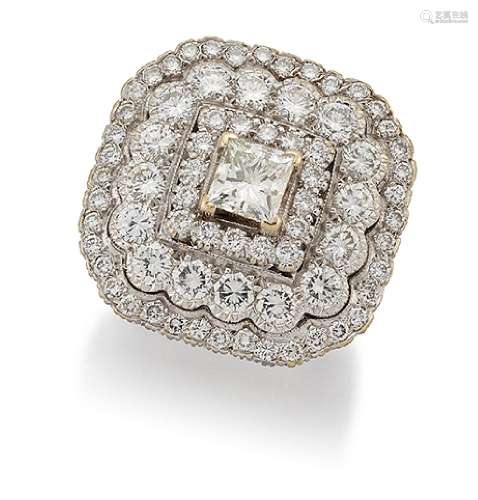 A diamond cluster ring, the princess-cut diamond centre to a brilliant-cut diamond triple row