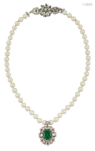 An emerald, diamond and cultured pearl necklace, the central pendant with oval emerald to a