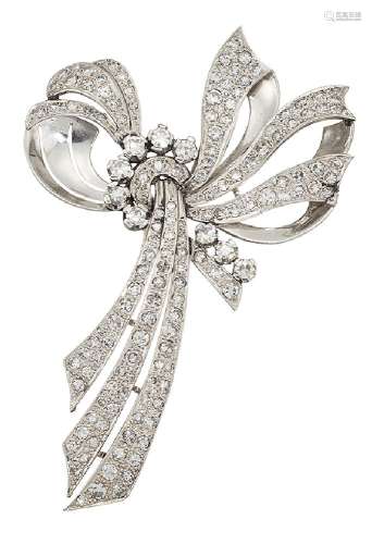 A diamond brooch, of stylised ribbon bow design set throughout with single-cut diamonds, length 6.