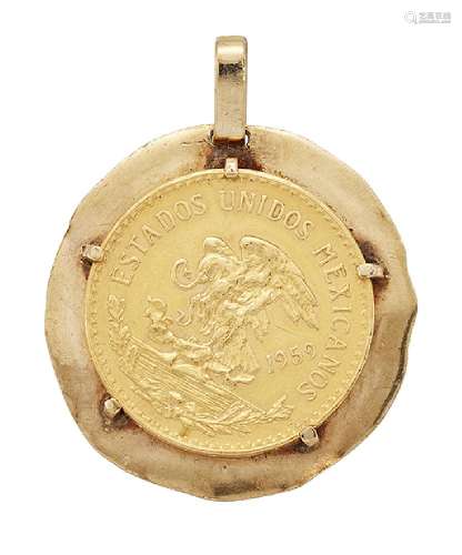 A Mexican gold 20 Peso coin pendant, 1959, on thin disc mount, pendant diameter 3.5cm, gross