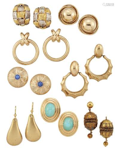 Eight pairs of earrings, including: a pair of ear studs designed as shields with star sapphire