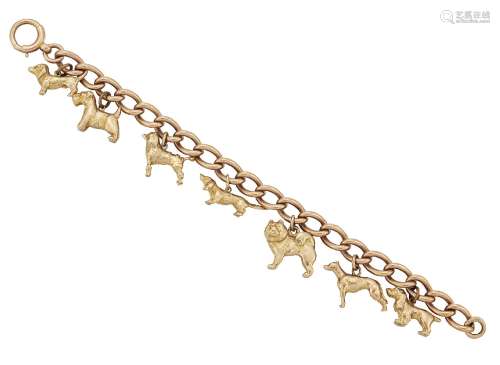 A charm bracelet, the 9ct gold curb link bracelet suspending seven charms each depicting a different