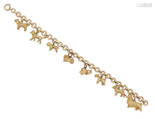 A charm bracelet, the 9ct gold circular belcher-link bracelet suspending eight 9ct gold charms