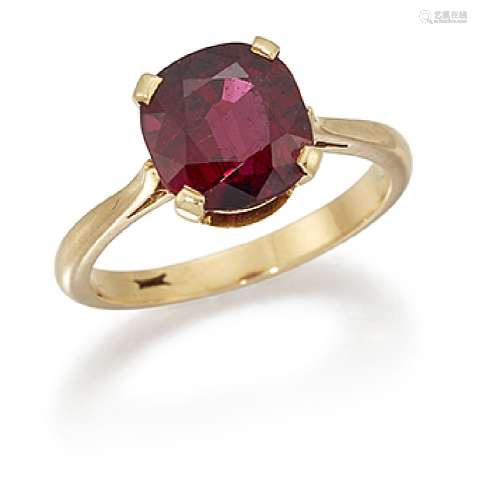A ruby single stone ring, the cushion shaped ruby, weighing approximately 4.30 carats, in claw