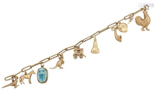 A charm bracelet, the ropework belcher link bracelet suspending various charms including a 9ct