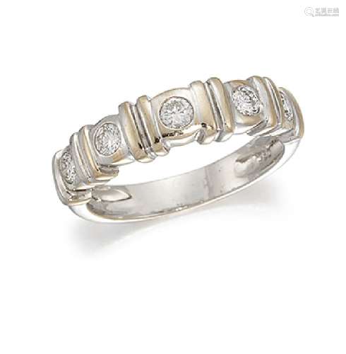 A diamond half-hoop ring, the five brilliant-cut diamonds collet-set between bar spacers to a