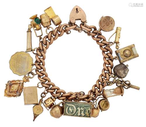 A charm bracelet, the curb link bracelet suspending a series of charms including: a 9ct gold