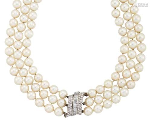 A cultured pearl and diamond necklace, the cultured pearl triple row, measuring approximately 9.5 to