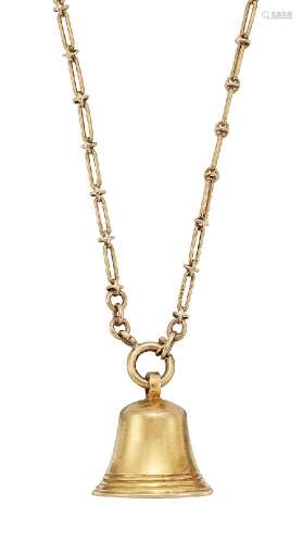 A 9ct gold necklace and charm, the rounded rectangular link necklace suspending a single charm