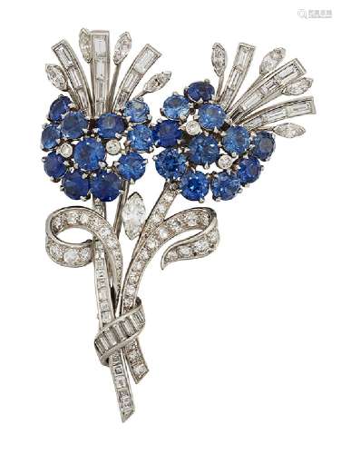 A sapphire and diamond brooch, of brilliant, baguette, marquise and single-cut diamond stylised