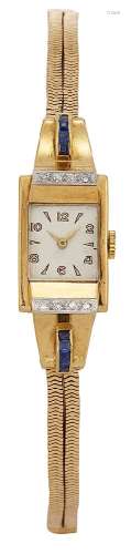 A lady's 18ct gold, diamond and sapphire-set wristwatch by Vertex, the rectangular white dial with