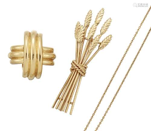A brooch, neckchain and single earclip, by Tiffany, the brooch designed as a sheaf of wheat,