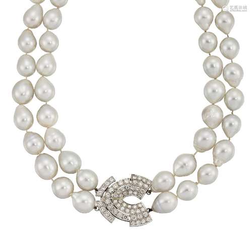 A cultured pearl and diamond necklace, the two rows of baroque cultured pearls, approximate