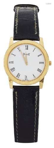 An 18ct gold quartz wristwatch, by Piaget the circular white dial with Roman black numerals,