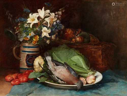 Ludwig EiblStill Life with Flowers in a Pitcher, Vegetables, Mushrooms, and a Pigeon