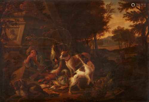 Adriaen de GryeffHunter with his Dogs and Game in a Panoramic Landscape