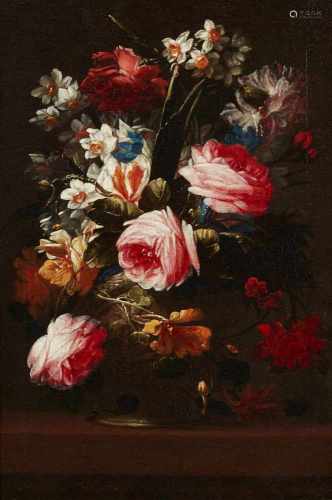 Italian School, 17th centuryTwo Floral Still Lifes in a Vase with Roses, Morning Glory,