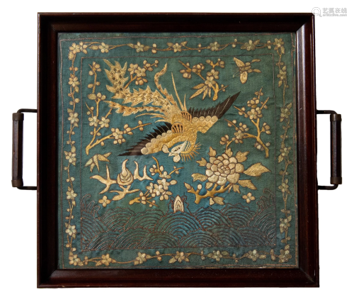 Chinese Phoenix Embroidery Inset in Tray, 19th …