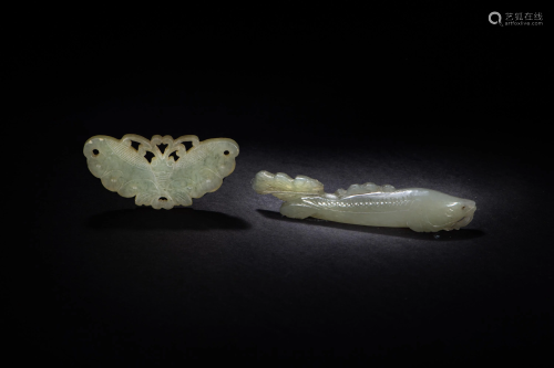 2 Chinese Jade Fish and Butterfly Carvings, Qing