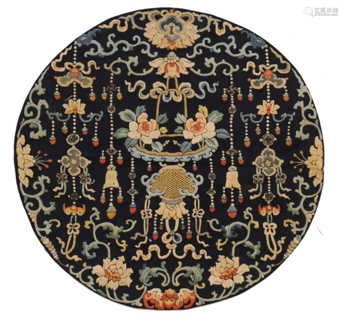 Chinese Embroidered Circular Panel, 19th Century