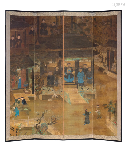 Chinese Screen Painting of Court Scene, 19th Century