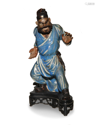 Shiwan Zhongkui Statue with Wood Stand, 19th Century