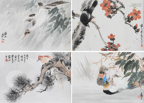 Set of 4 Chinese Bird & Flower Paintings by Fu Souyi