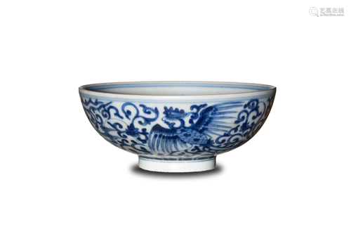 Chinese Blue and White Bowl with Phoenix, Kangxi