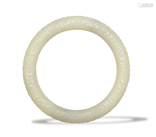 Chinese White Jade Carved Bangle, 18th-19th Cen…