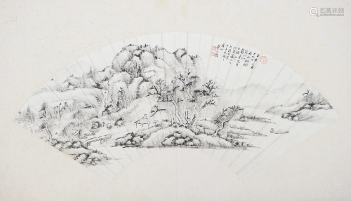 Chinese Fan Painting of Landscape by Hua Rizeng