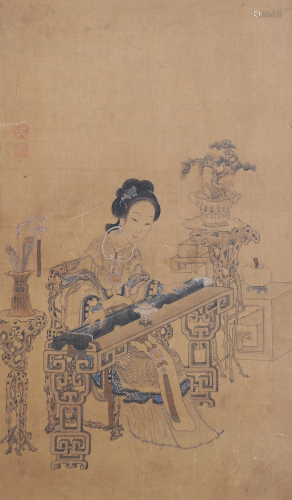 Chinese Painting of Lady with Guqin by Wu Sheng