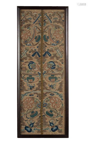 Chinese Silk Panel with Buddhist Treasures, 19th