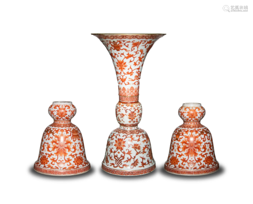 Imperial Chinese Gu Vase with 2 Half Gu Vases