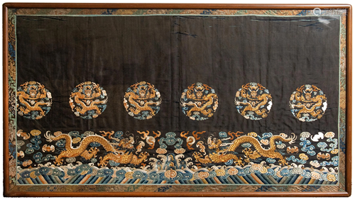 Chinese Black Ground Dragon Robe Panel, 18/19th …