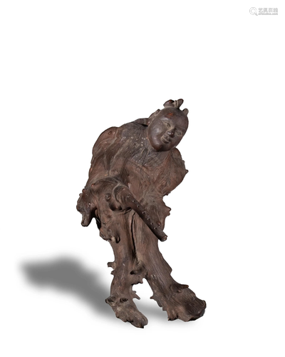 Chinese Root Carving of Boy with Flute, 19th Century