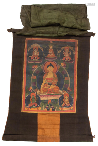 Thangka with Seated Buddha & Attendants