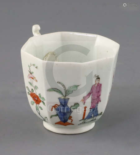 An early Worcester octagonal coffee cup, c.1753, of rare large size, applied with a double C-